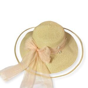 Pearl Ribbon Band Chin Strap Wide Brim Summer Straw Sun Hat NEW
